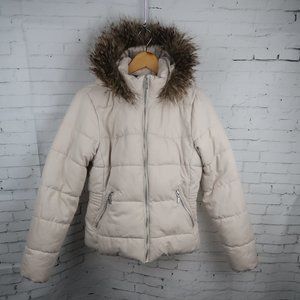 H&M DIVIDED TAN PUFFER WINTER COAT WITH FAUX FUR HOOD SIZE 6